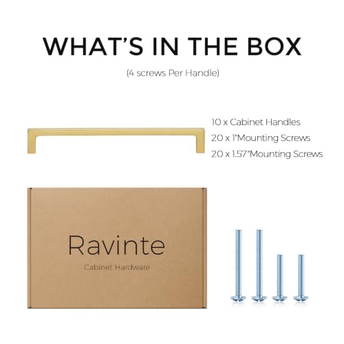 Image of Ravinte Brushed Gold Kitchen Cabinet Solid Handles,7-1 /2 Inch,10 Pack | Solid Zinc Alloy, Modern Slim Style, Square Design, Deep-Thread Firm Base, Screws Included, for Kitchen Drawers & Cupboards
