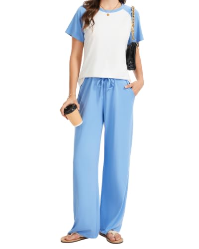 MFAVIP 2 Piece Sets for Women Summer Lounge Matching Set, Short Sleeve Top Wide Leg Pants with Pockets, Travel Airport Outfit
