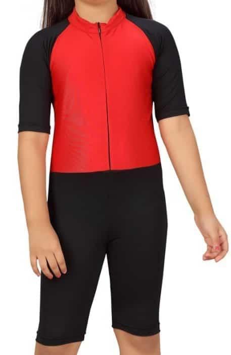 SoftSwiss(8-16 One Piece Swimming Dress for Girls and Boys, Spandex Soft Fabric with Closure Zip, for Swim, Skating Red/Dark Grey