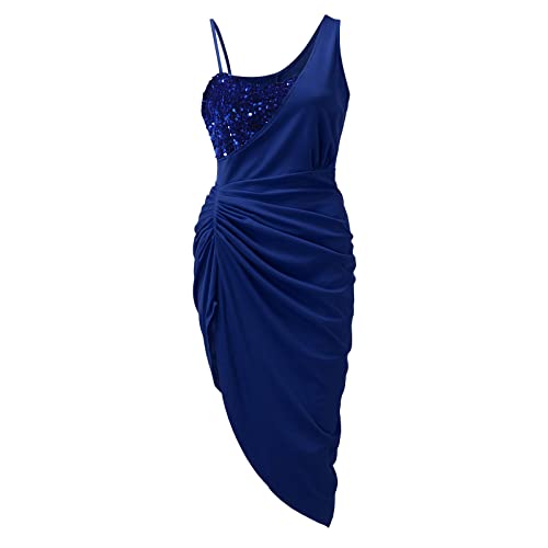 STKOOBQ Vestido sexy feminino com costura de lantejoulas um ombro sem mangas vestido de clube com gl