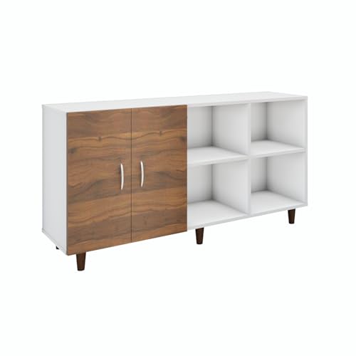 Image of VIKI Modern TV Unit for Living Room | Engineered Wood TV Cabinet with 2 Door Storage & 2 Open Shelves, Entertainment Unit, 140W x 74H x 40D cm | DIY | 1 Year Warranty (White & Walnut)