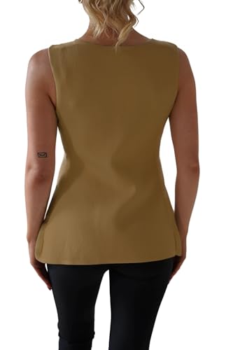 Womens Sweater Vest Button Down Sleeveless Cardigan Sweater 2025 Summer Trendy Casual Knit Tops Khaki3