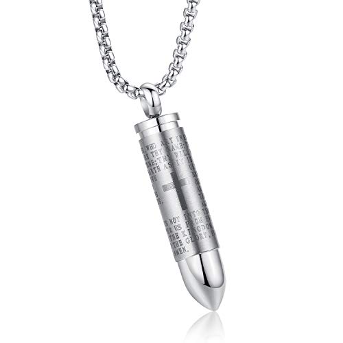 MONIYA Stainless Steel Bullet Pendant Urn Ashes Necklace Cross Lords Prayer in English, 22inch Box Chain (Silver Tone)