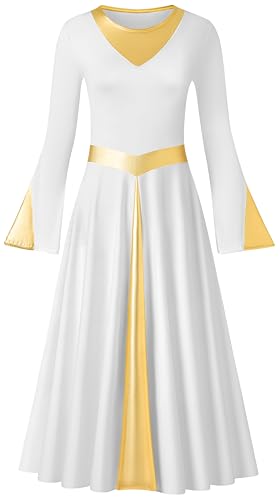 MOLLDAN Women Praise Dance Dress with Lining Metallic Fit Full Length Liturgical Long Sleeve Worship Dress（258188-07-S
