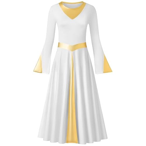 MOLLDAN Women Praise Dance Dress with Lining Metallic Fit Full Length Liturgical Long Sleeve Worship Dress White Small