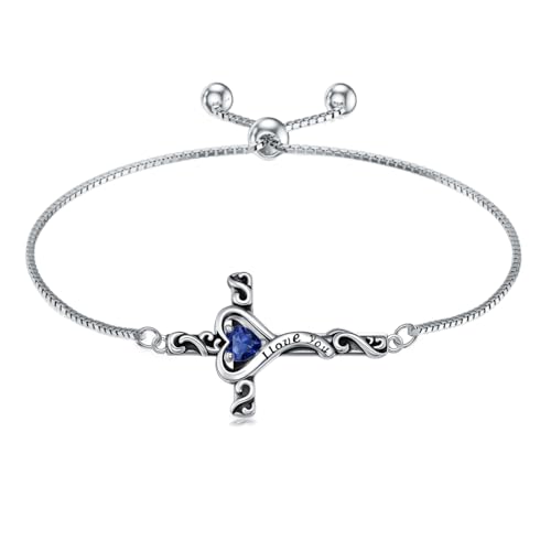 TOUPOP Birthstone Cross Bracelet for Women 925 Sterling Silver Cross Heart Bracelet I Love You Jewelry Birthday Christmas Gifts for Her Girlfriend Wife