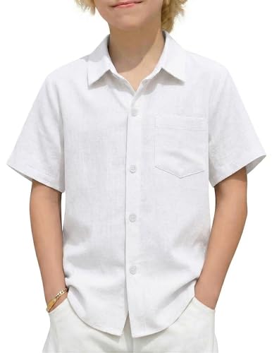 Arshiner Jungen Hemden Leinen Sommer Kinder Leichtes Kurzarmshirt Freizeit Komfort Hemd für Jungen 11-12 Jahre Weiß