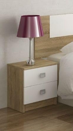 Shiito - Mesita de Noche - 33,5 x 43,2 x 43,5 cm - 2 Cajones Amplios - De Estilo Nórdico - Melamina en Efecto Roble Cambria y Blanco