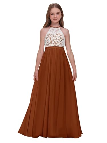 Chiffon Lace Applique Junior Bridesmaid Flower Girl Dress for Wedding A-Line Halter Long Party Prom Gowns