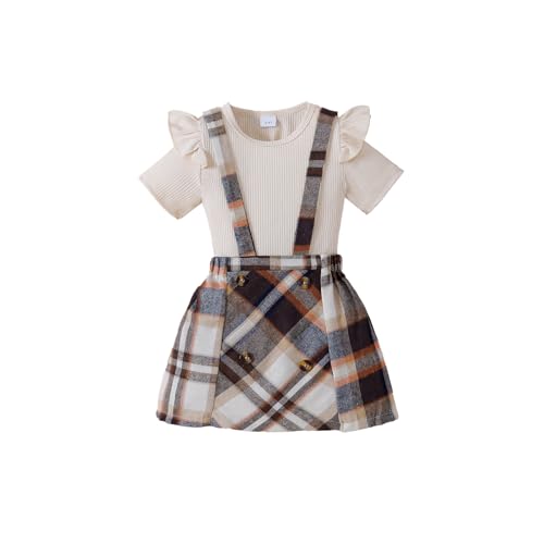 Image of AMMENGBEI Toddler Little Girl Summer Outfits Ribbed Knit Ruffle Tops and Plaid Suspender Skirt Set Kids 2Pcs Clothes