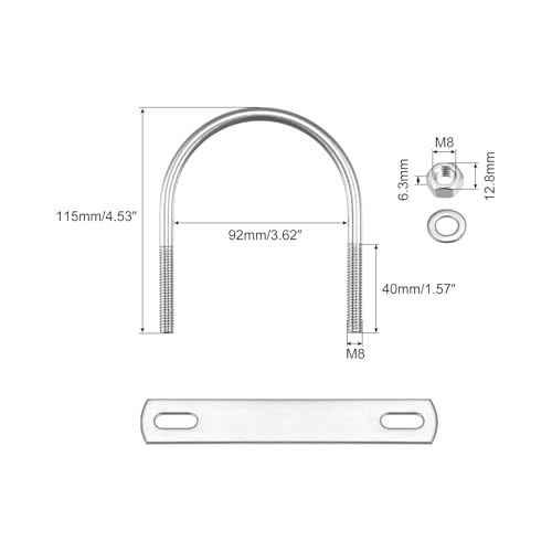 Image of uxcell Round U-Bolts, 2 Sets 92mm(3.62 inch) Inner Width 115mm Length M8 304 Stainless Steel U Clamp Bolt with Nuts Washers and Plates, for Boat Trailer
