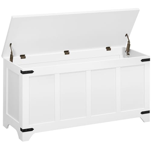 Storage Chest, 43.3" Storage Trunk with 2 Safety Hinges, Wooden Toy Chest, Entryway Shoe Bench, Large Toy Box for Kids Room, Bedroom, Living Room, White SCWT5001