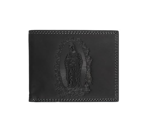 Our Lady of Guadalupe Virgin Mary Genuine Leather Bi-Fold Wallet Black, Cartera Vaquera (Black)