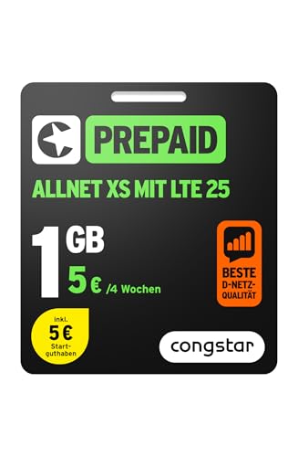 congstar Prepaid ALLNET XS SIM-Karte ohne Vertrag –1 GB im D-Netz Qualität für Wenigsurfer I 5G mit 25 Mbit/s, 5 € Startguthaben, Telefon & SMS Flat in alle dt. Netze, EU-Roaming inkl., ohne Vertrag. congstar Prepaid ALLNET XS SIM-Karte ohne Vertrag –1 GB im D-Netz Qualität für Wenigsurfer I 5G mit 25 Mbit/s, 5 € Startguthaben, Telefon & SMS Flat in alle dt. Netze, EU-Roaming inkl., ohne Vertrag.