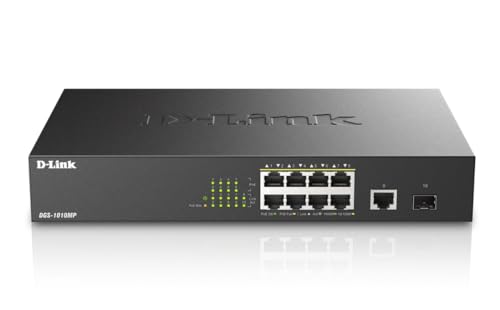 Image of D-Link PoE Switch, 8 10 Port Unmanaged w / 1 Gigabit Ethernet Port & 1 SFP Uplink Port, 125W PoE Budget Fanless Rackmount Plug N Play (DGS-1010MP), Black