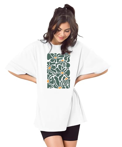 Image of SHODOX Women's Cotton Blend Oversized Drop Shoulder Printed T-Shirt | Soft, Breathable & Light Weight | Loose Fit Stylish Top for Girls with Premium Graphic Print