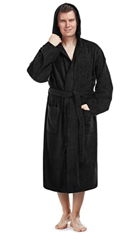 Arus Pacific Peignoir de Bain homme, à capuche, Longueur mollet, en éponge, doux et léger,100% Coton, noir, taille homme: XXL, taille unisexe: XXL-3XL