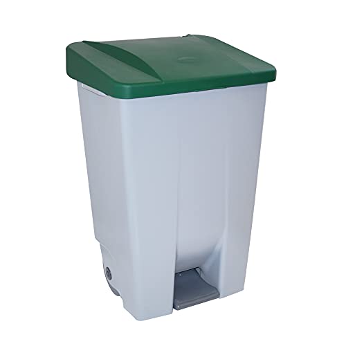 Contenedor de Reciclaje con Pedal 80L Gris con Tapa Verde– Cubo de Basura Selectivo con Ruedas y Asa Ergonómica, Plástico Resistente y Fácil Limpieza | Denox