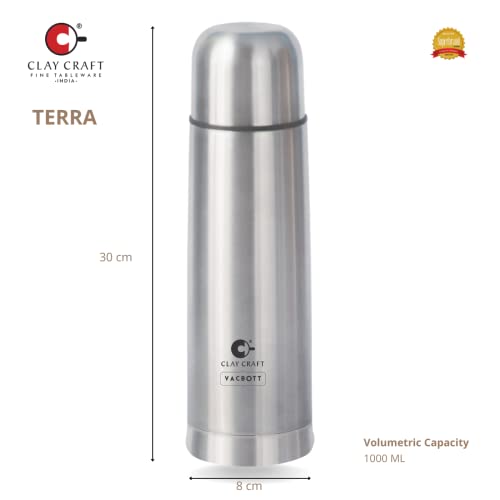 Image of Clay Craft Vacbott Vaccum Bottle, Terra 1000 ml Double Walled 24 Hours Hot and Cold Water Bottle with Bag, 1 L, Silver