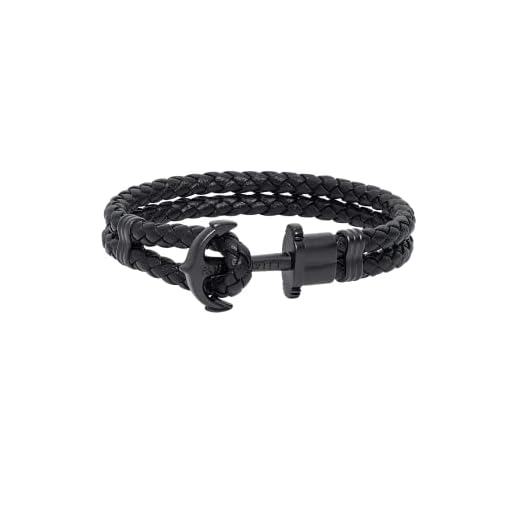 Paul Hewitt Bracciale uomo con ancora PHREP - Bracciale uomo ancora in pelle (nero), Bracciale uomo marinaro con ciondolo ancora in acciaio (nero)