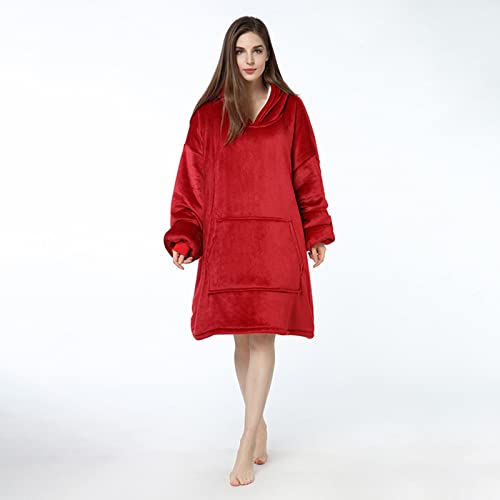 Felpa con Cappuccio Oversize Coperta Felpa Comoda da Indossare, Cuscino da Viaggio Portatile per Maglione per Adulti Uomo Donna, Regalo per lei,Deepred