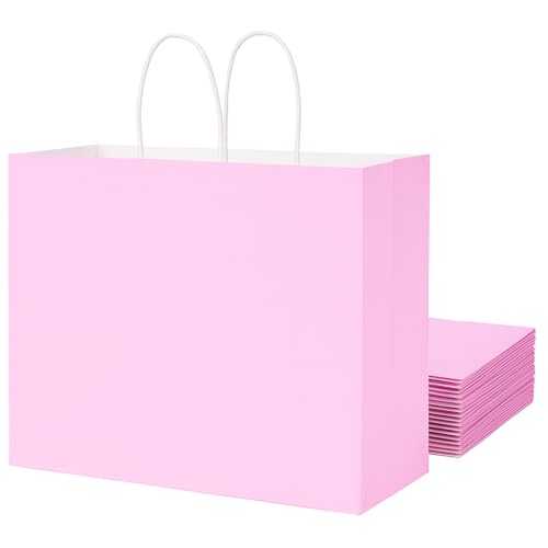 SUNCOLOR Paper Gift Bags with Handles Pink 13x10x5.5 Inch Large Size 25 Pack for Birthday Wedding Shopping