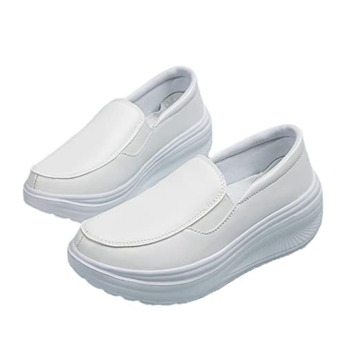 Image of Women's Platform Wedge Slip-On Loafers,Comfortable EVA Sole Round Toe Leather Moccasin Wedge Sneakers.