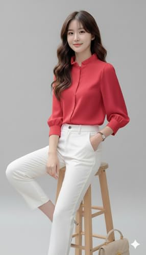 Image of Messica Women Brown Solid Cotton Blend Knitted Top | Ruffle Neck | 3 /4 Sleeve | Regular Fit Casual Office Wear Top