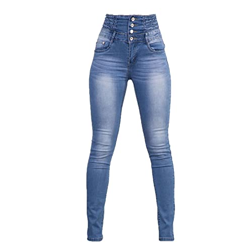 Women High Rise Button Front Skinny Jeans Stretch Classic Casual Slim Fit Denim Pants Butt Lift Tapered Jean Trouser (Blue,Medium)