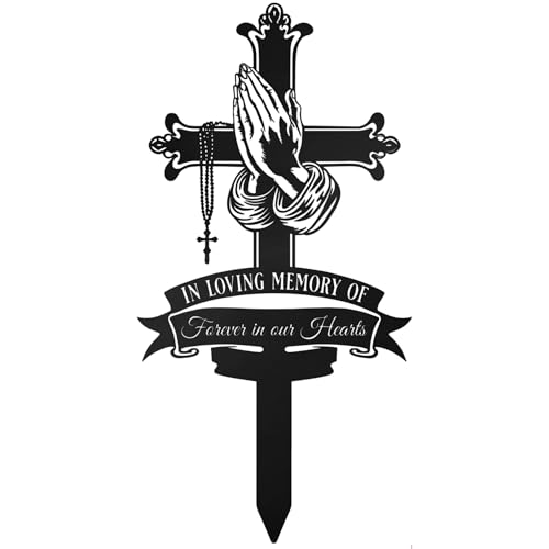 Cemetery Decorations for Grave Grave Marker for Outdoors Memorial Cross Stake with Praying Hands and Rosary Sympathy Remembrance Plaque for Loved Ones