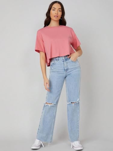 Image of KOTTY Women's Solid Cotton Blend Oversized Crop T-Shirt | Casual Summer Tee
