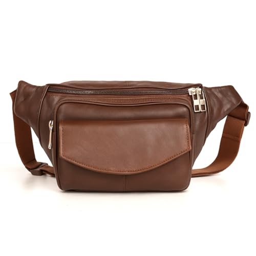Image of Premium Brown Leather Waist Bag for Men | Stylish Belt Bag with Multiple Pockets | Travel, Running, Daily Use Crossbody Fanny Pack