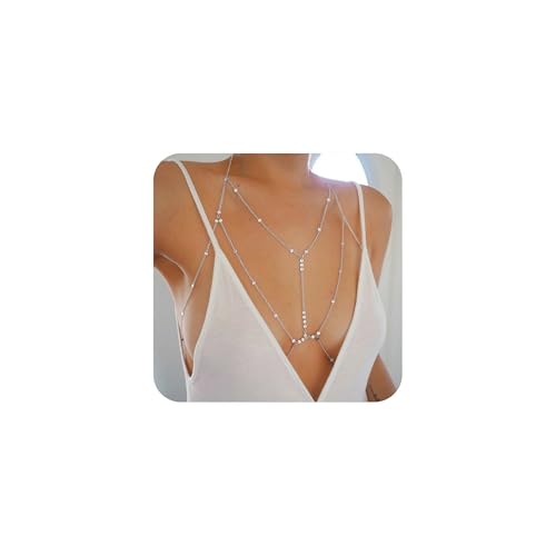 XFSRG Chaine de Corps Femme en Strass Sexy Boho Soutien Gorge Superposé Bikini Body Chaîne pour Discothèque Rave Party(Argent)