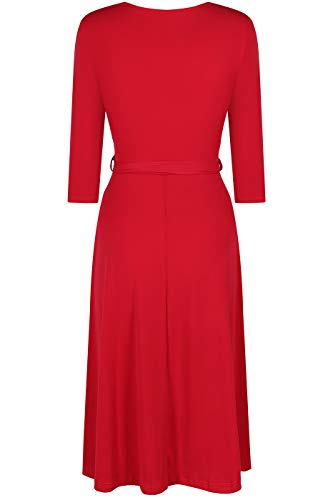 Image of Women's 3 /4 Sleeve Faux Wrap Midi Dress Knee Length Red S