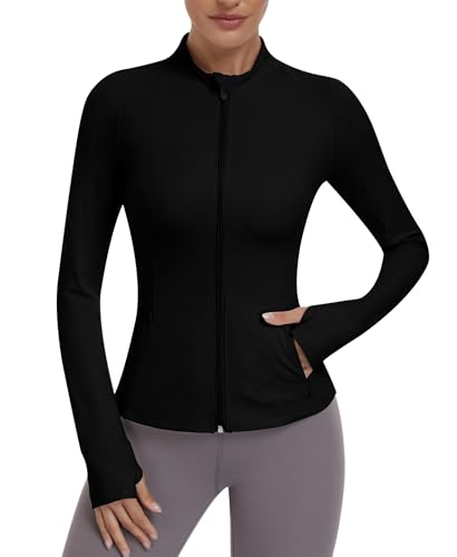 JoyGirl Sportjacke Damen Reißverschluss Laufjacke Taschen Gym Top Yoga Fitness Shirt Leicht Trainingsjacke mit Daumenloch (Schwarz S)