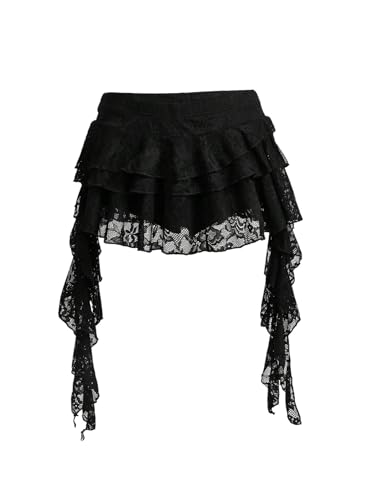 Womens Y2K Mini Skirt Ruffle Lace Asymmetrical Cute Skirts Layered Flowy Pleated Skort with Shorts (Black Small)