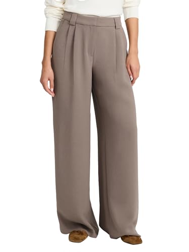 EXPRESS Women’s High Waisted Relaxed Fit Trousers – Tailored Wide-Leg Dress Pants with Polished Look for Work, Events - Mushroom