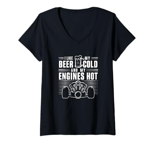 Mujer Motores fríos de Cerveza Hot Biker Motocicleta Gearhead Hot Rod Camiseta Cuello V