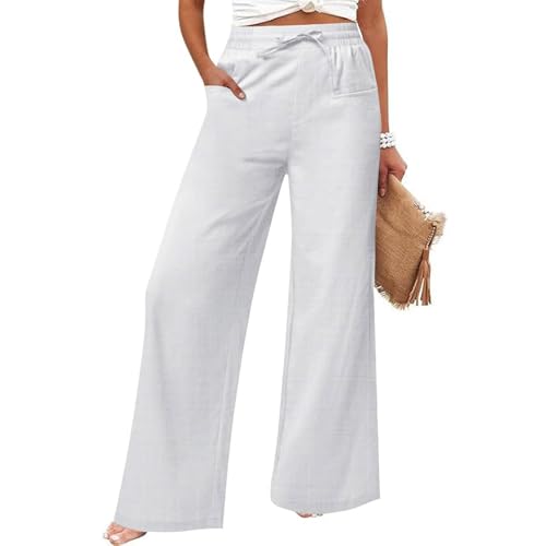 Women's Linen Pants Summer Casual Cotton Wide Leg Palazzo Boho High Waisted Elastic Drawstring Lounge Trousers