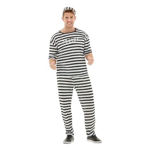Funidelia Disfraz de prisionero para hombre, Incluye camiseta, pantalón y gorra, Ladrón, Preso - Traje para adultos para fiestas, Carnaval y Halloween - Talla L
