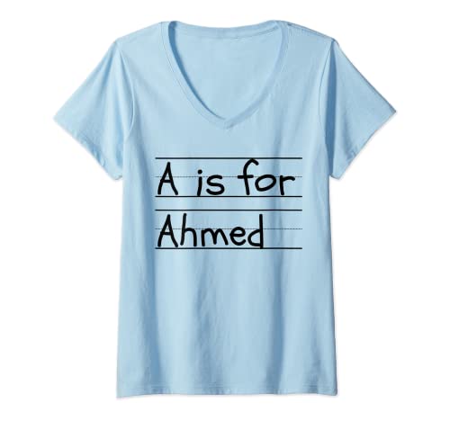 Donna Personalizzato A è per Ahmed Name Student Kindergarten Maglietta con Collo a V