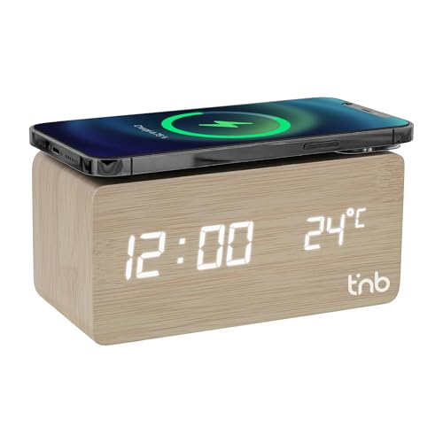 T'nB   Reloj despertador digital de madera, cargador inalámbrico para smartphones, compatible con cocina de inducción, reloj digital, iluminación ajustable, 3 alarmas programables   versión en madera