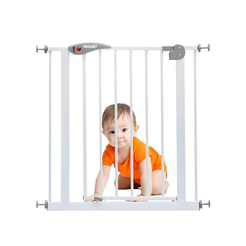 FROOBY Baby Safety Gate, Secure Toddler Baby Gate for Stairs and Doors, 75 to 85cm Pressure Mounted Metal Child Gate, One Handed Opening to Both Sides Double Lock System Dog Gate Pets Doorways (White)