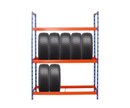 PROREGAL Étagère à pneus Tiger XL | HxLxP 200x150x45cm | Charge Max. 300kg | Jusqu'à 18 pneus | Bleu/Orange | Porte-Pneu, Rack à pneus, rayonnage, Stockage, Rangement, Support, Atelier, Garage