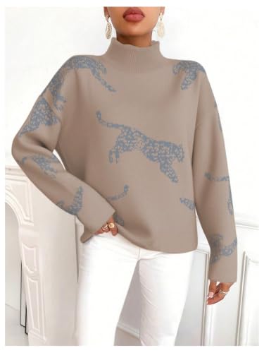 Image of WDIRARA Women's Leopard Tiger Print Sweater High Neck Long Sleeve Fuzzy Knitted Pullover Top