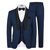 MAGE MALE Men's 3 Piece Suit Slim Fit Solid Shawl Lapel One Button Party Wedding Tuxedo Suits Blazer Jacket Vest Pants Set Navy Blue