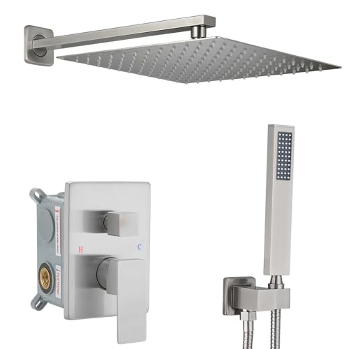 Image of Shower Faucet Set Complete, Wall Mount Shower System for Bathroom 12 Inch High-Pressure Rainfall Shower with Handheld, Rough-in Valve Body and Trim Kit, Brushed Nickel