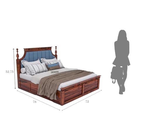 Image of Craft Solid Wooden King Size Bed with Storage | Double Bed Cot Bed with Box Storage & Blue Colour Upholstered Cushioned Headboard for Bedroom | Sheesham Wood, Honey