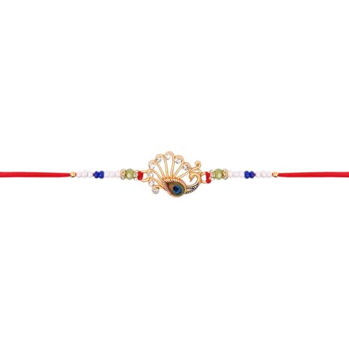 Image of I Jewels Traditional Peacock Feather Designer Rakhi for Men Boys Brother Roli Chawal & Raksha Bandhan Card