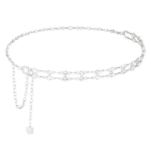 Metal Belts For Women, Double Row Crystal Chain Belts, Adjustable Western Chain Belt, Silver Belt Chains for Women Suitable for Jeans, Dresses, Concert Clothing